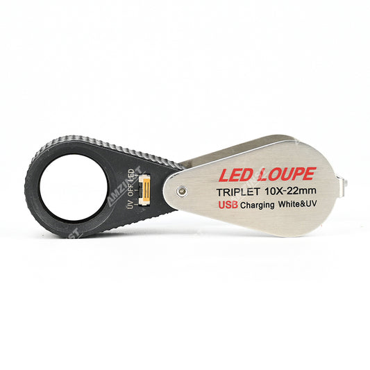 MGL-1022UV Серебряная ручная лупа 10x - 22 мм с зарядкой через USB, белая и УФ-подсветка