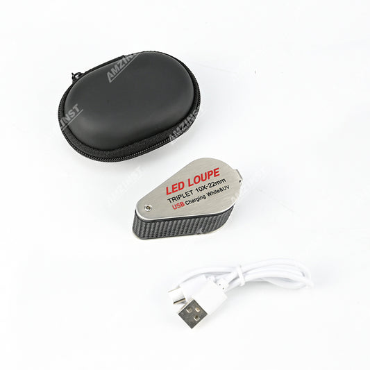 MGL-1022UV Серебряная ручная лупа 10x - 22 мм с зарядкой через USB, белая и УФ-подсветка