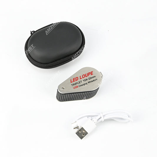 MGL-1022UV Silver Color Hand Loupe 10x - 22mm with USB Charging white & UV light