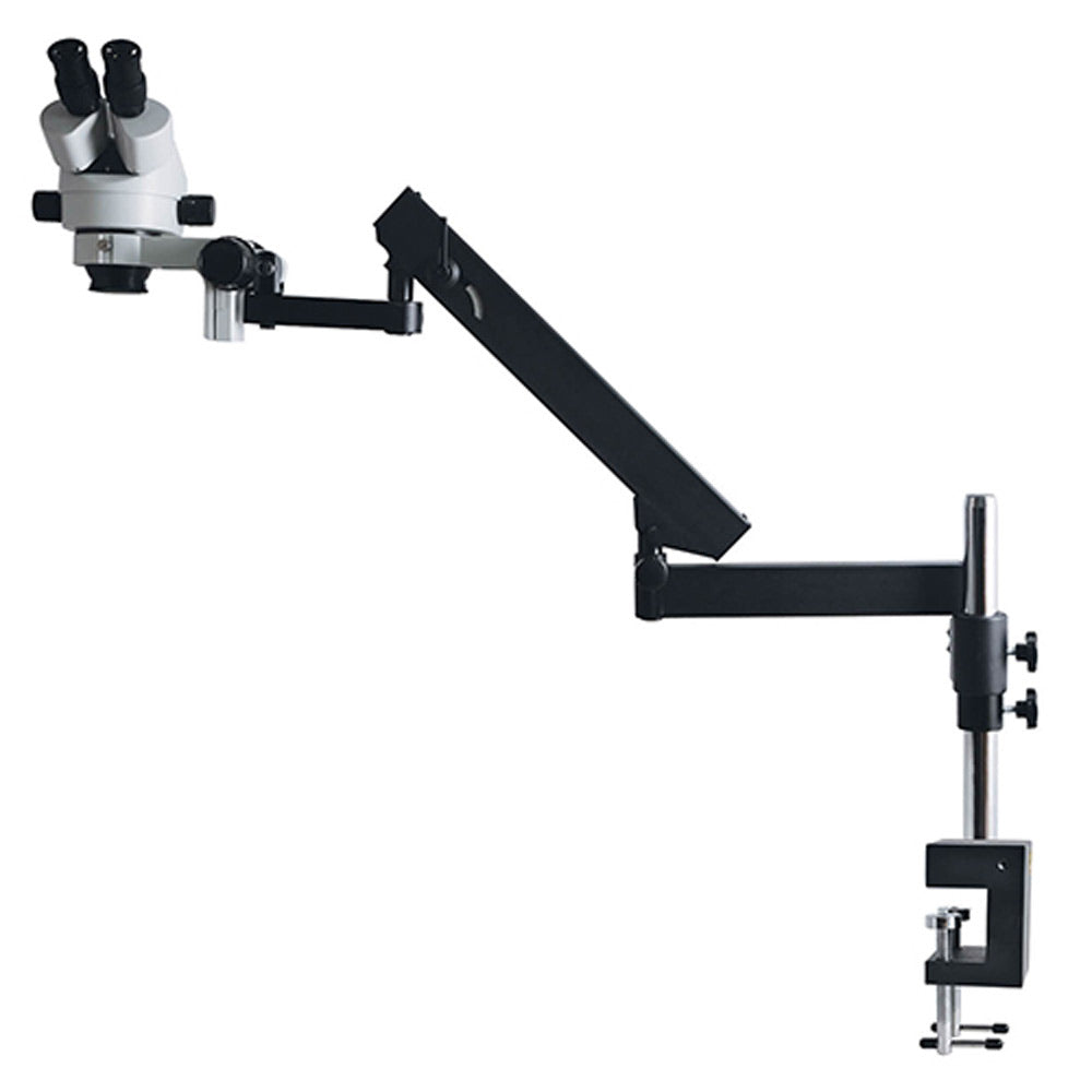 ZM-2TP8 0.7x-4.5x trinocular stereo microscope with C-clamp articulating stand